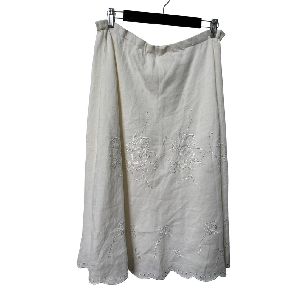 Handmade Upcycled White Linen Floral Embroidered Eyelet‎ Scalloped Midi Skirt